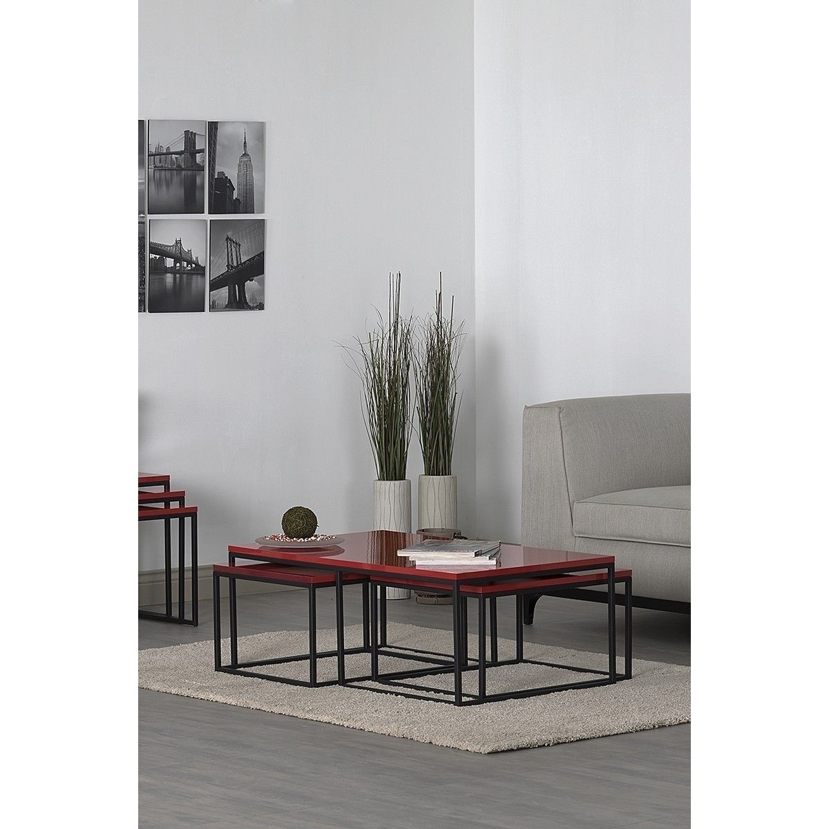 Sonorous Crystal Red Üçlü Kırmızı Sehpa Takımı